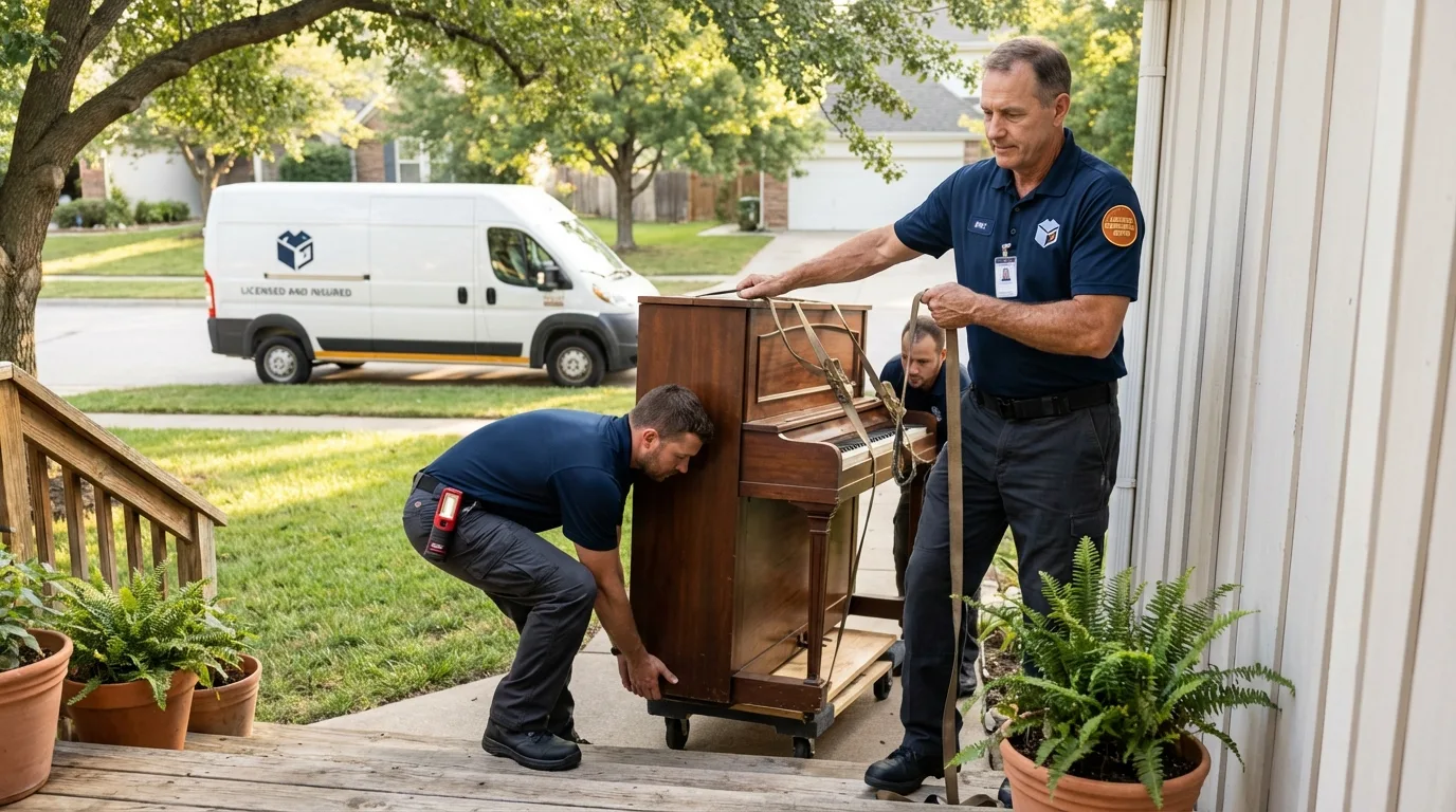 Licensed piano movers securing grand piano in Garrett, IN