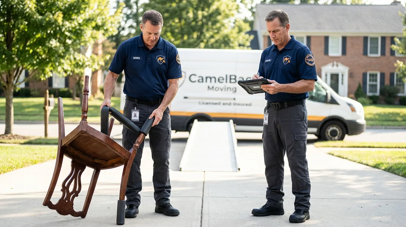 Movers inspecting furniture for damage prevention before loading in Garrett, IN